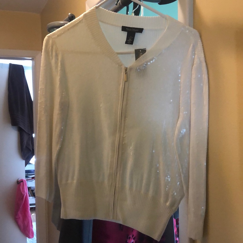 White House black market NWT White sequins zip up cardigan sweater